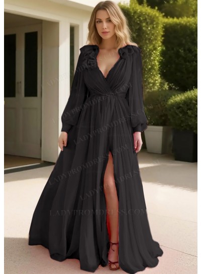 Black Tulle Long Sleeve Deep V-neck Prom Dresses