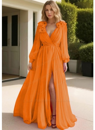 Orange Tulle Long Sleeve Deep V-neck Prom Dresses