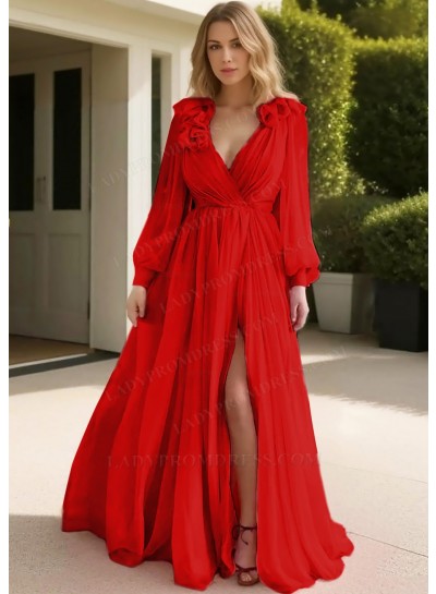 Red Tulle Long Sleeve Deep V-neck Prom Dresses