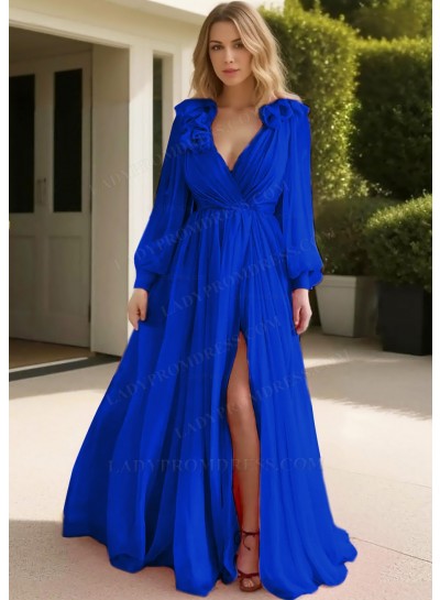 Royal Blue Tulle Long Sleeve Deep V-neck Prom Dresses