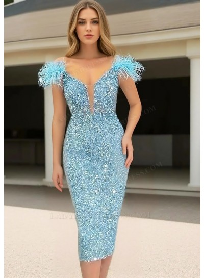 Light Blue Sheath Sequined Short Prom Cocktail Dresses with Feathers