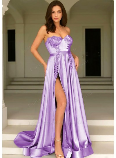Lilac Strapless Satin High Split Prom Dresses with Appliques