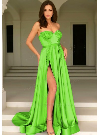 Lime Green Strapless Satin High Split Prom Dresses with Appliques