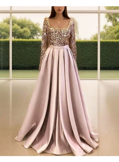 Dusty Rose Long Sleeve Ball Gown Satin Formal Prom Dresses