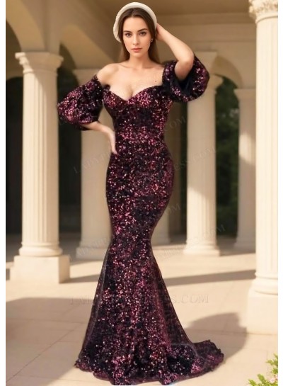 Plum Off Shoulder Sequins Puffy Sleeve Mermaid Prom Dresses