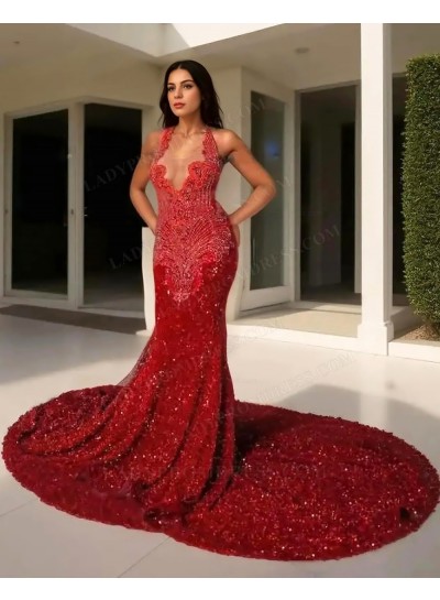 2025 Red Halter V-neck Mermaid Sequins Prom Dresses with Beaded