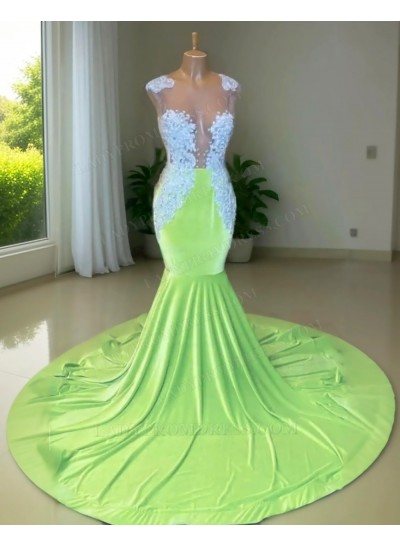 Lime Green Velvet Mermaid Prom Dresses with Appliques