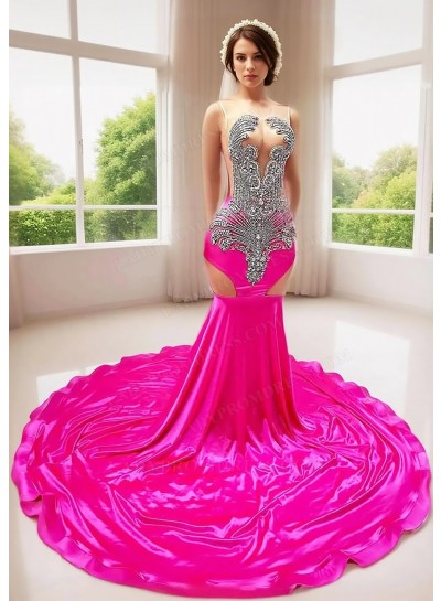 Hot Pink Satin Beaded Embroidery Mermaid Prom Dresses