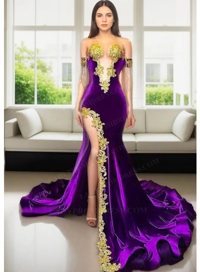 Purple Off the Shoulder Velvet Mermaid Slit Prom Dresses with Gold Appliques