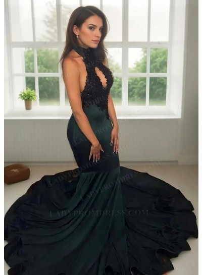 Black Halter Satin Mermaid Prom Dresses with Beaded