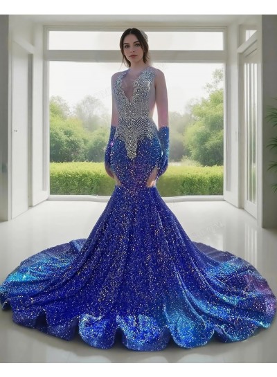 Royal Blue Deep V Neck Sleeveless Long Train Formal Prom Dresses with Beaded
