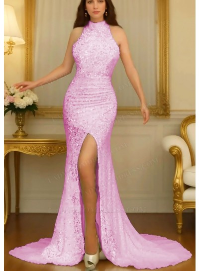 Pale Pink High Neck Sleeveless Side Split Prom Dresses