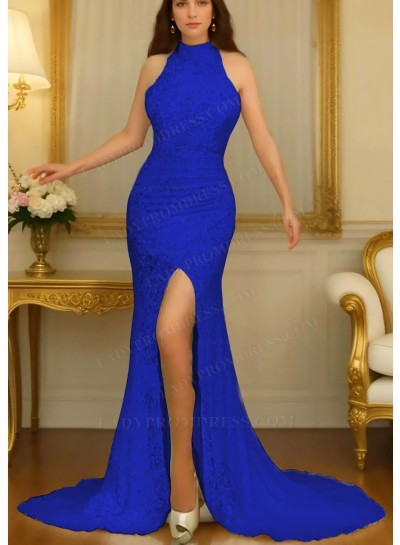 Royal Blue High Neck Sleeveless Side Split Prom Dresses