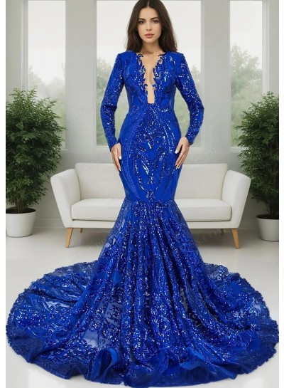 Royal Blue Long Sleeves Sequins Mermaid Evening Prom Dresses