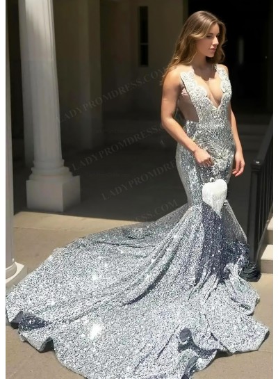 Silver Sequins Sequins Sleeveless Mermaid Prom Dresses with Beaded