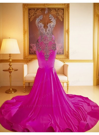 Fuchsia Mermaid Satin Prom Dresses with beaded