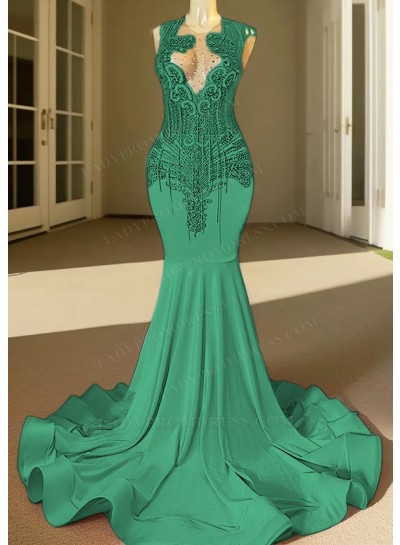 Emerald V-neck Beaded Mermaid Prom Dresses