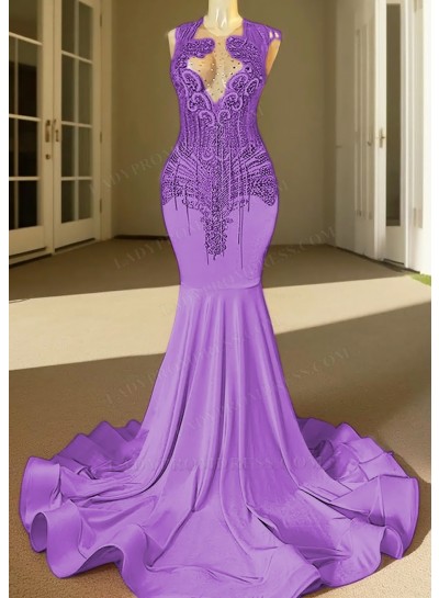 Lilac V-neck Beaded Mermaid Prom Dresses