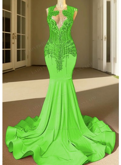 Lime Green V-neck Beaded Mermaid Prom Dresses