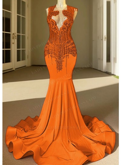 Orange V-neck Beaded Mermaid Prom Dresses