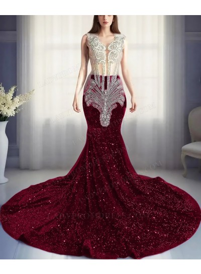 Burgundy Sequins Sheer Top Mermaid Prom Dresses with Beaded