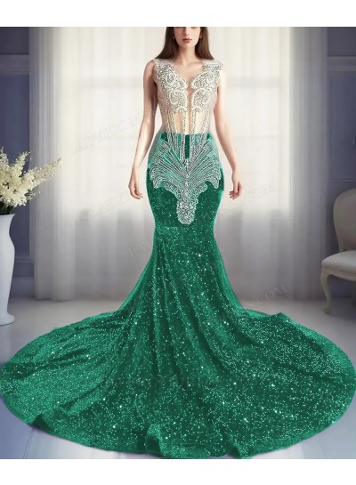 Emerald Sequins Sheer Top Mermaid Prom Dresses with Beaded