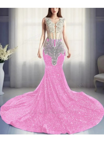 Pale Pink Sequins Sheer Top Mermaid Prom Dresses with Beaded