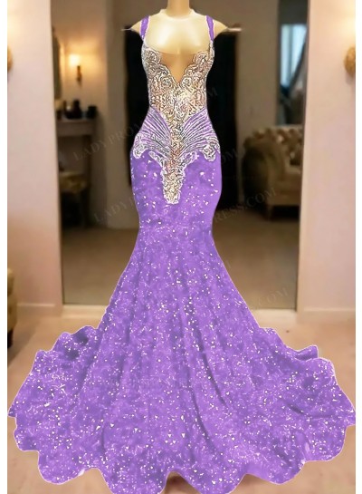 Lilac V-neck Mermaid Sequins Ruffles Prom Dresses with Beaded