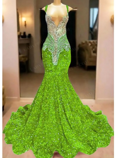 Lime Green V-neck Mermaid Sequins Ruffles Prom Dresses with Beaded