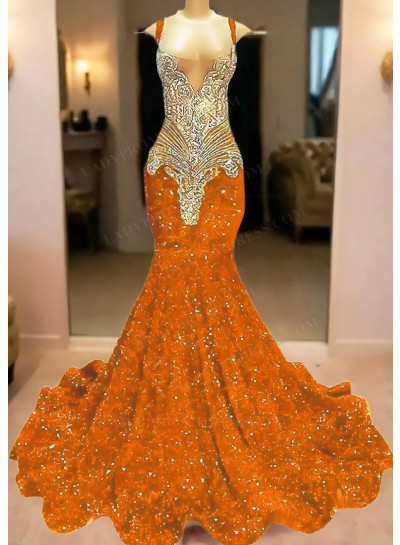 Orange V-neck Mermaid Sequins Ruffles Prom Dresses with Beaded