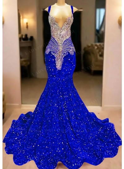 Royal Blue V-neck Mermaid Sequins Ruffles Prom Dresses with Beaded