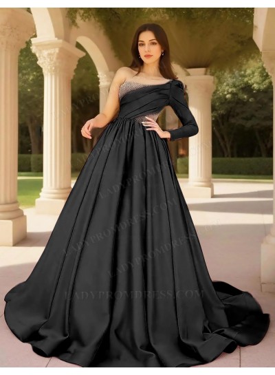 Black Ball Gown Satin One Shoulder Formal Prom Dresses with Beaded