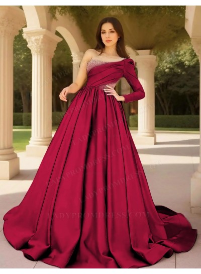 Burgundy Ball Gown Satin One Shoulder Formal Prom Dresses with Beaded