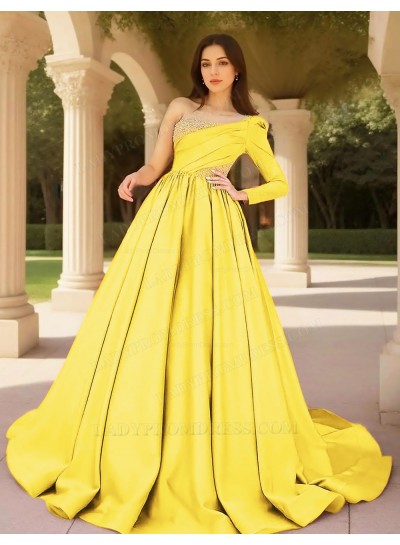 Daffodil Ball Gown Satin One Shoulder Formal Prom Dresses with Beaded