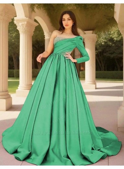 Emerald Ball Gown Satin One Shoulder Formal Prom Dresses with Beaded