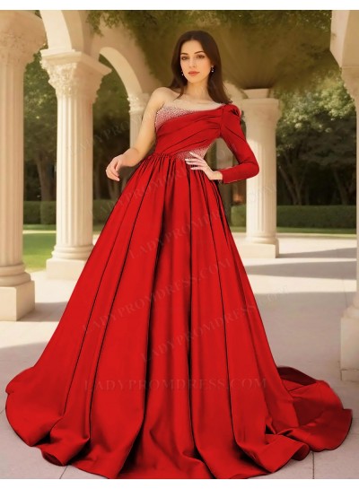 Red Ball Gown Satin One Shoulder Formal Prom Dresses with Beaded