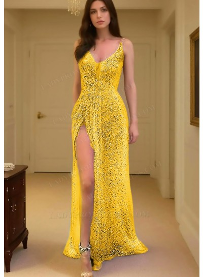 Daffodil V-neck A-line Glitter Sleeveless Formal Evening Dresses