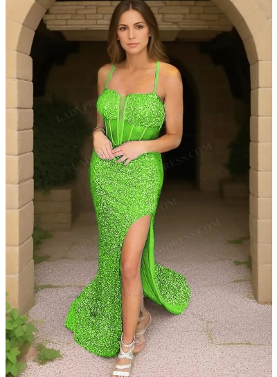 Lime Green Spaghetti Straps Sequins High Split Prom Dresses
