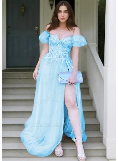 Blue A-line Off Shoulder Tulle Appliques High Slit Prom Dresses