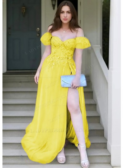 Daffodil A-line Off Shoulder Tulle Appliques High Slit Prom Dresses