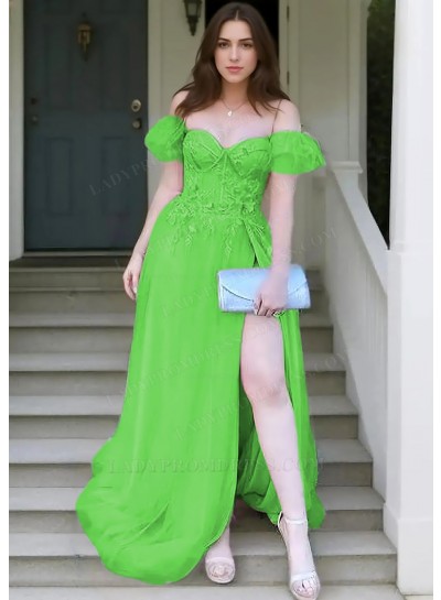 Lime Green A-line Off Shoulder Tulle Appliques High Slit Prom Dresses
