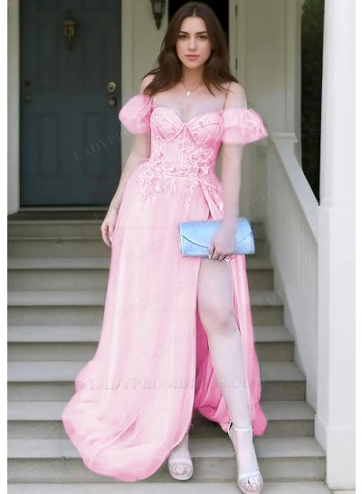 Pale Pink A-line Off Shoulder Tulle Appliques High Slit Prom Dresses