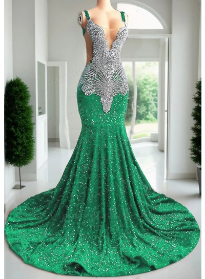 Emerald Sleeveless Mermaid Sequin Prom Dresses with Sheer Appliques