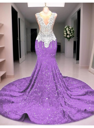Lilac Deep V-Neck Sequins Mermaid Prom Dresses with Sheer Appliques