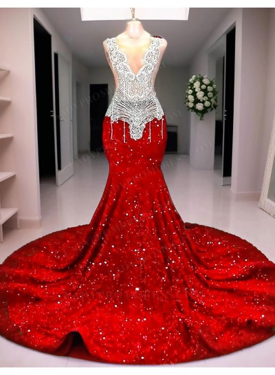 Red Deep V-Neck Sequins Mermaid Prom Dresses with Sheer Appliques