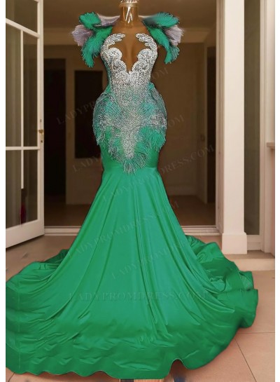 Emerald Appliques Ruffles Satin Mermaid Prom Dresses with Feathers