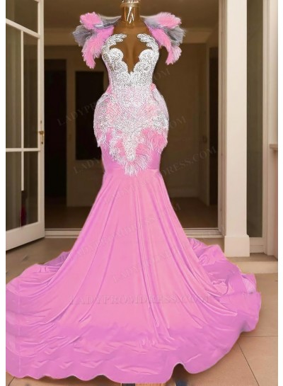 Pale Pink Appliques Ruffles Satin Mermaid Prom Dresses with Feathers
