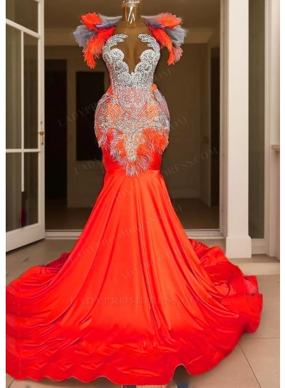 Red Appliques Ruffles Satin Mermaid Prom Dresses with Feathers