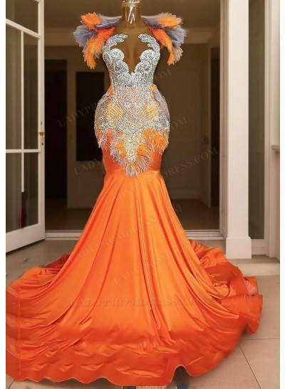 Orange Appliques Ruffles Satin Mermaid Prom Dresses with Feathers