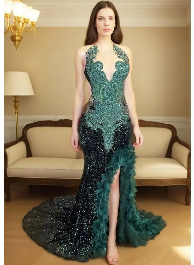 Emerald Green V-neck Sequins Side Slit Prom Dresses with Feathers